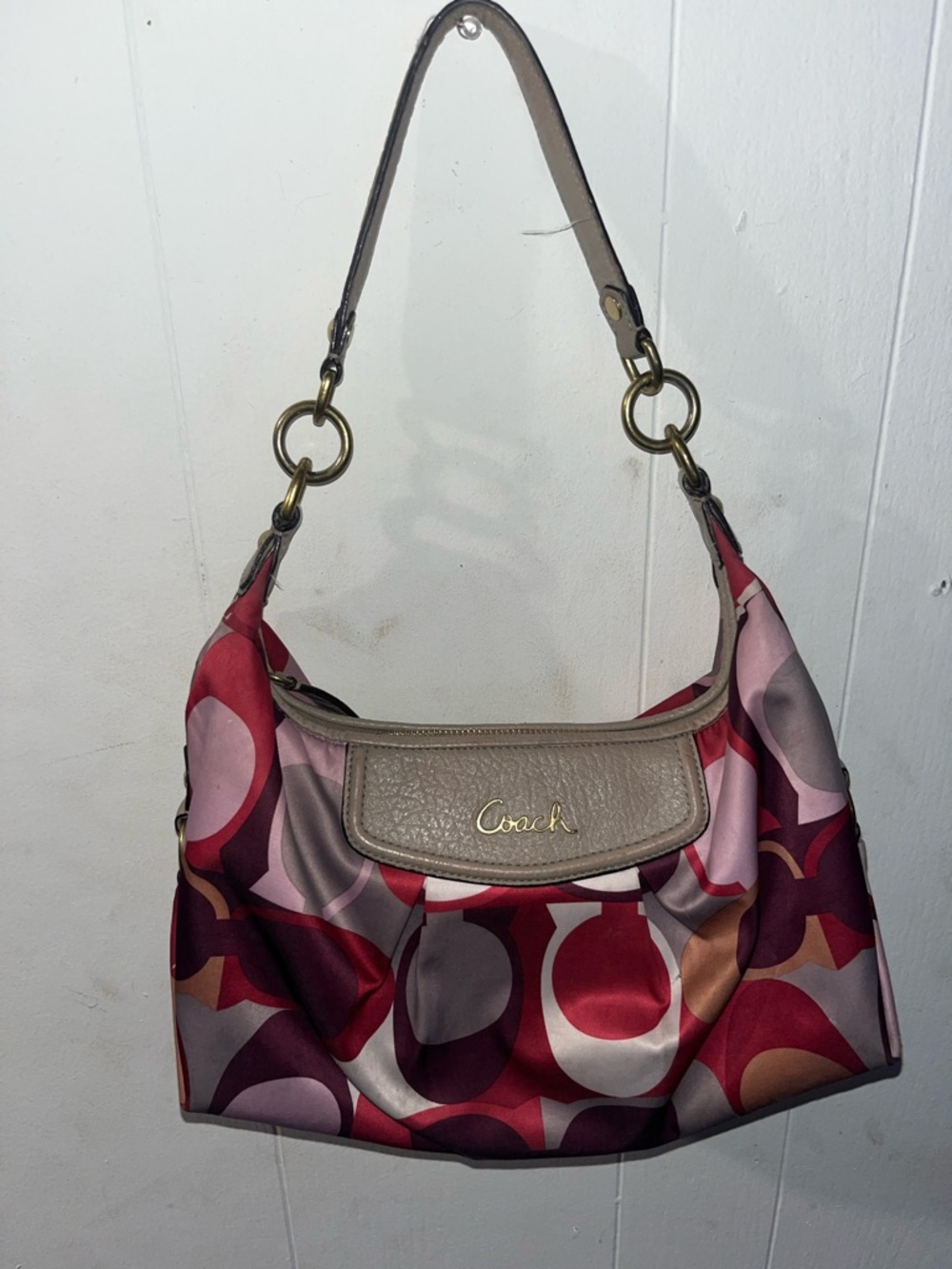 Coach Shoulder Bag in Red, Pink and Taupe Circle Print. In great condition.